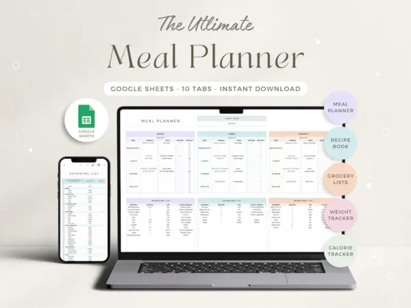 Weekly Meal Planner Spreadsheet with Recipe Organizer & Calorie Tracker (Google Sheets)